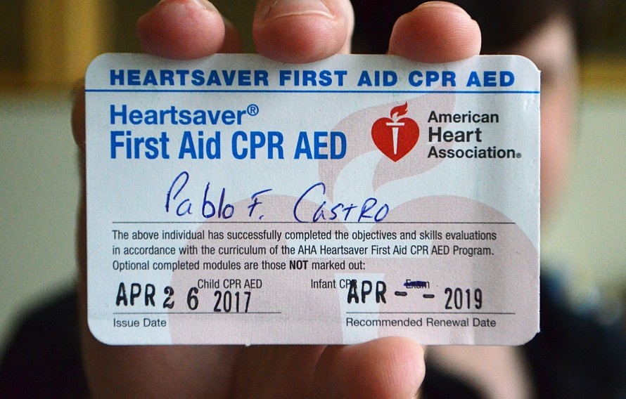 Officer Pablo Castro's First Aid and CPR AED card